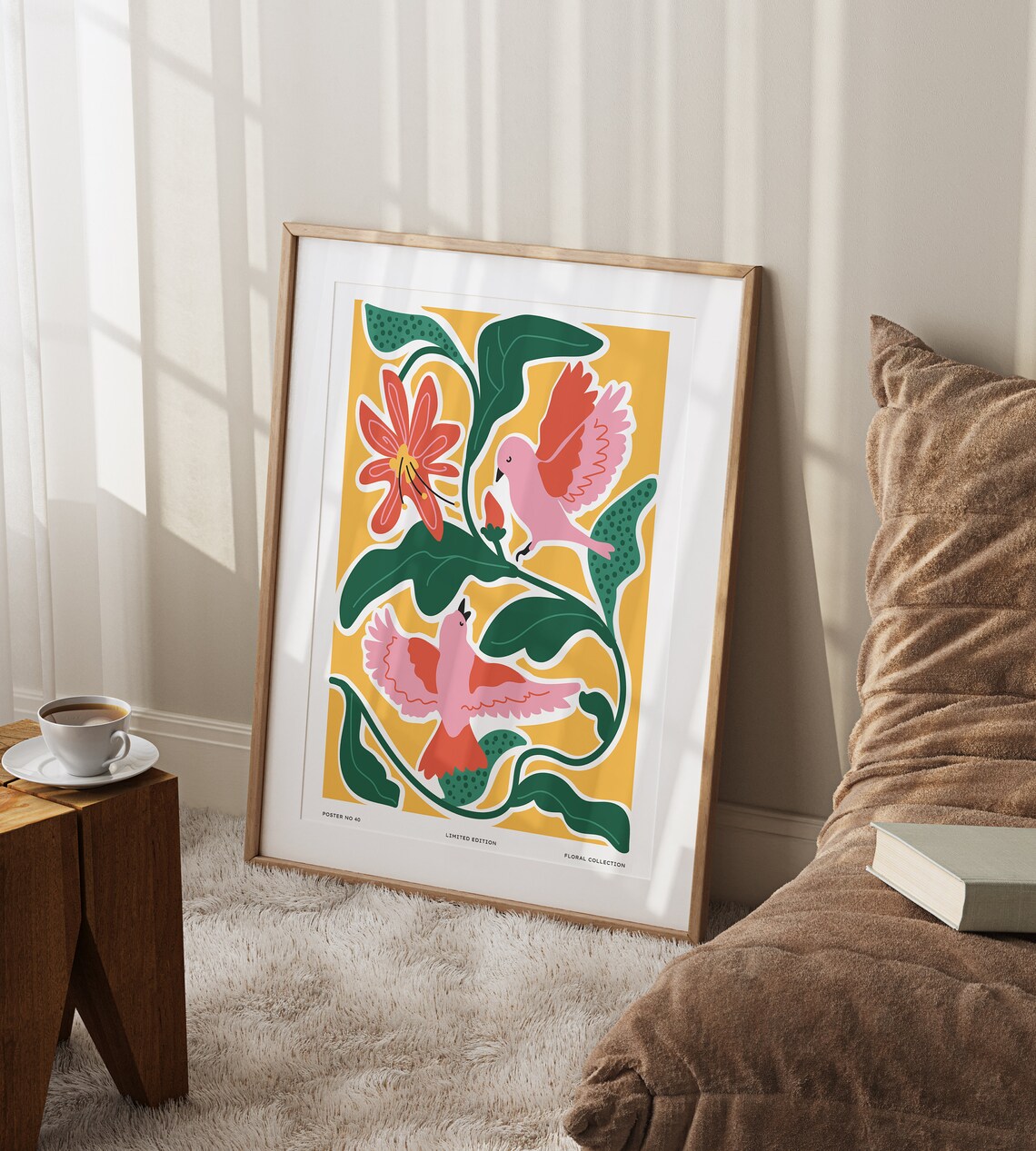 Two Pink Birds Among Red Flowers Floral Collection No 40 Poster - Image 2
