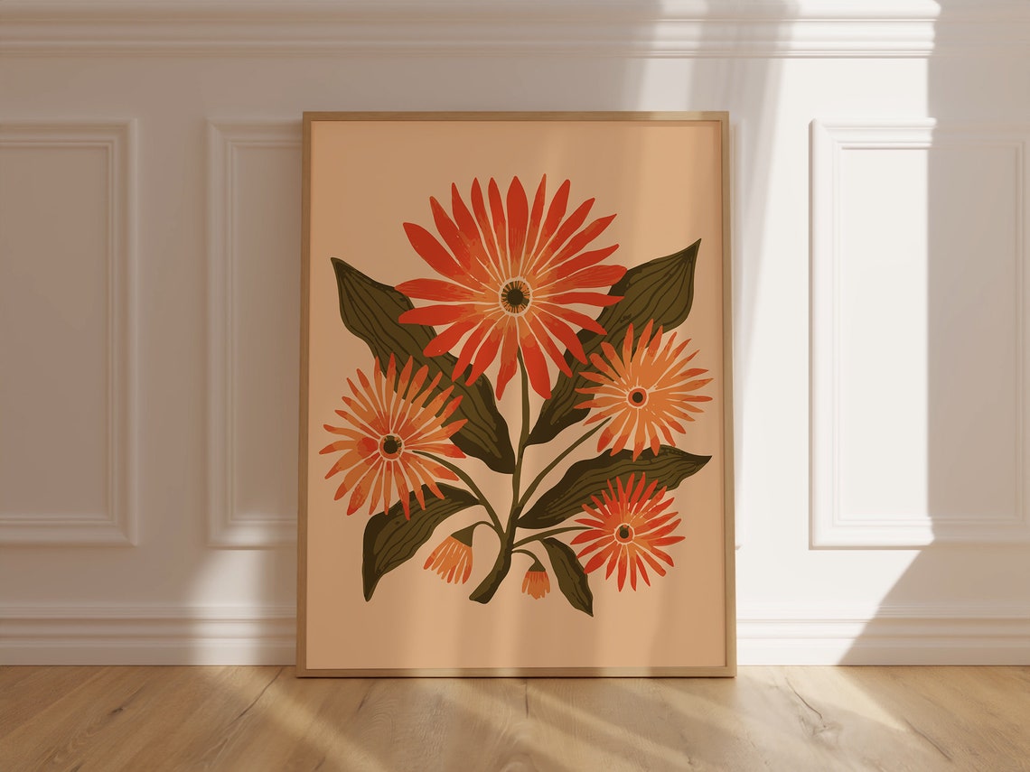 Orange Daisy Blossoms on Peach Modern Botanical Flower Art Poster