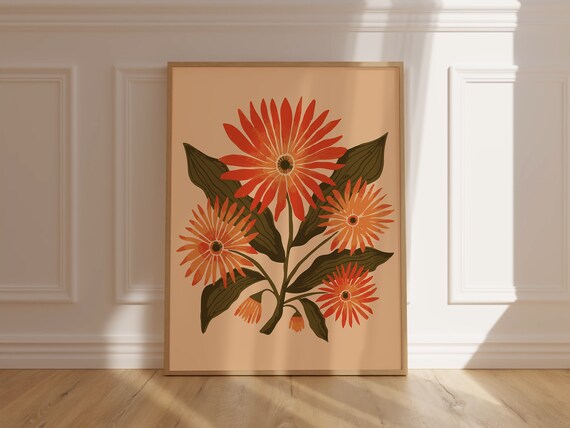 Orange Daisy Blossoms on Peach Modern Botanical Flower Art Poster