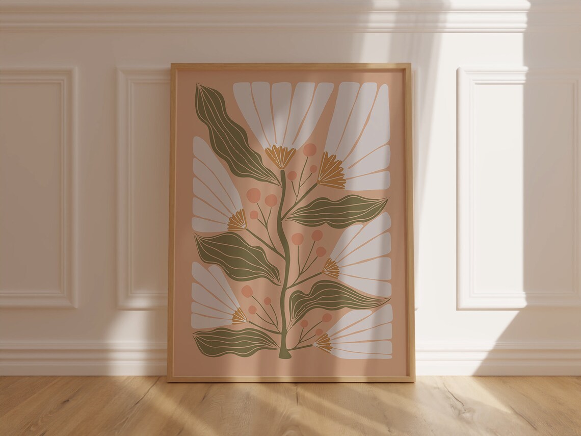 Matisse Style White Floral Botanical Poster on Peach Background - Image 6