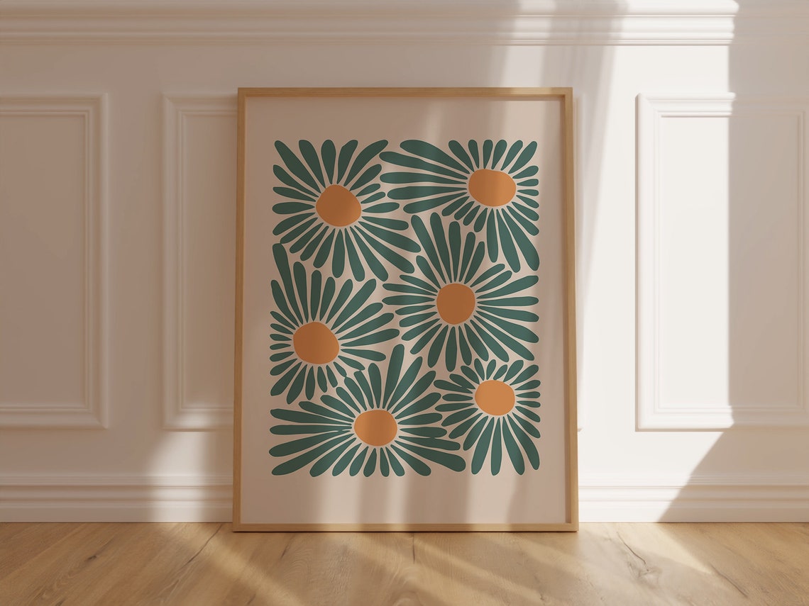 Green Terracotta Daisy Bloom Pattern Modern Floral Retro Poster