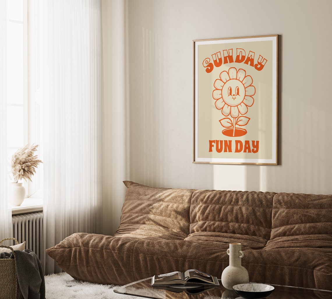 Sunday Fun Day Retro Orange Smiley Flower Quote Decorative Poster - Image 3
