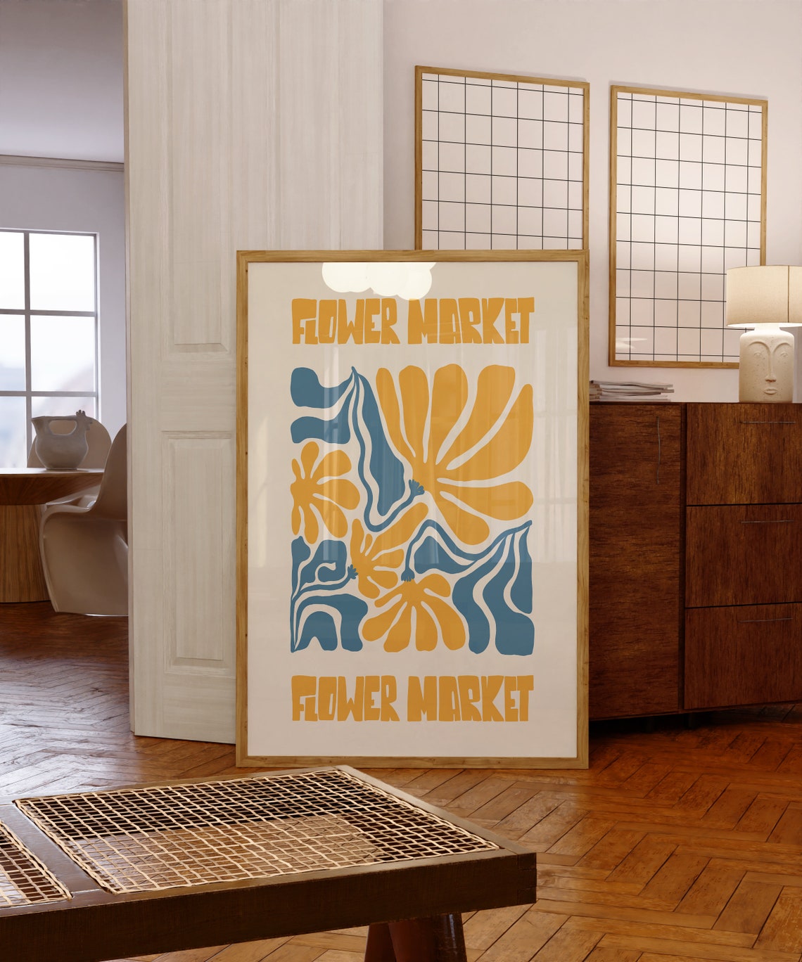 Flower Market Bold Orange Blue Tropical Botanical Art Poster - Image 5