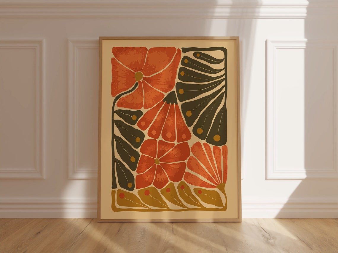 Burnt Orange Floral Folk Pattern Modern Botanical Decor Poster - Image 6