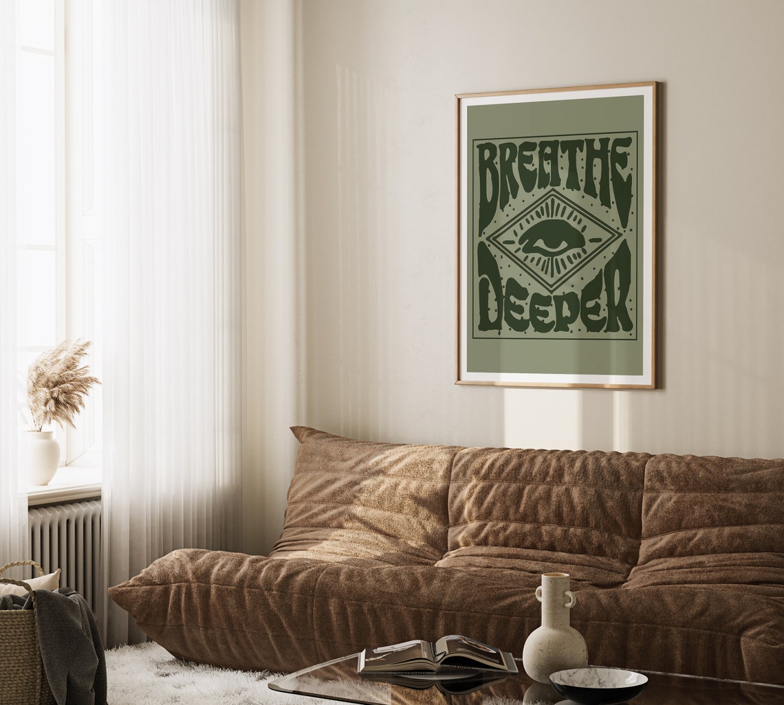 Breathe Deeper Sage Green Retro Quote Poster with All-Seeing Eye Art - Image 3