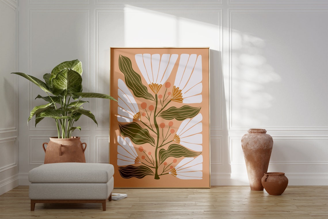 Matisse Style White Floral Botanical Poster on Peach Background - Image 3