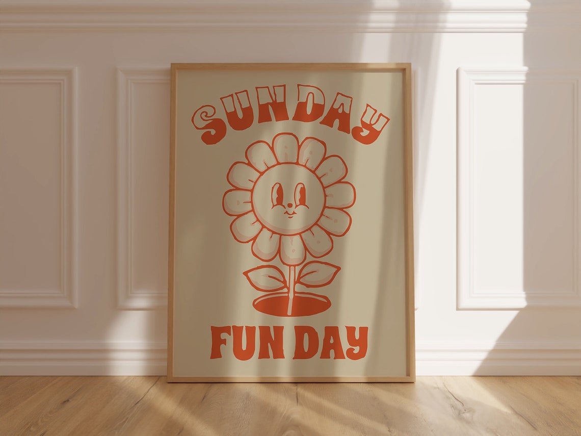Sunday Fun Day Retro Orange Smiley Flower Quote Decorative Poster
