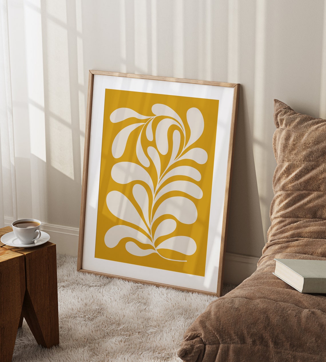 Mustard Yellow Abstract White Curving Leaf Motif Decorative Poster - Image 2