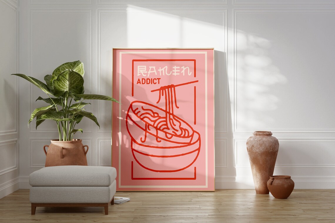 Playful Pink Ramen Addict Noodle Bowl Japanese Line Art Food Poster - Image 4