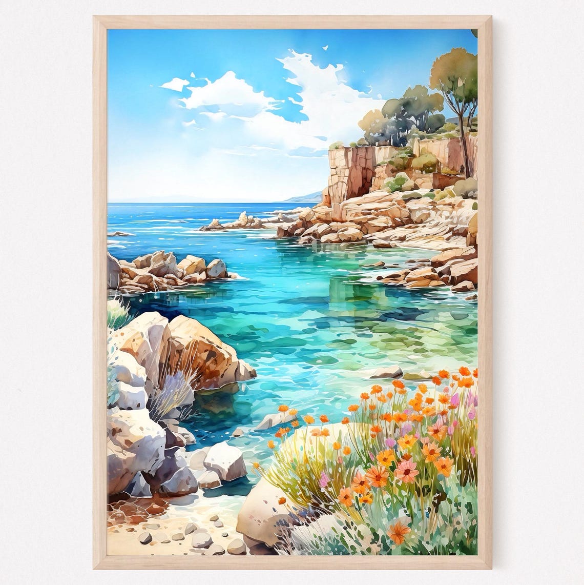 Cyprus Coast Watercolor Turquoise Cove Rocky Shore Wildflowers Poster