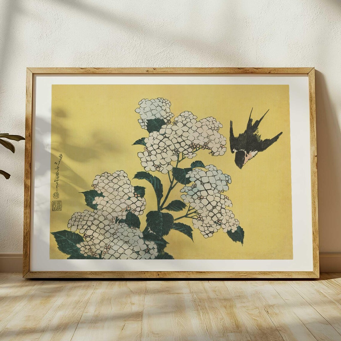 Katsushika Hokusai Print, Hydrangeas and Swallow