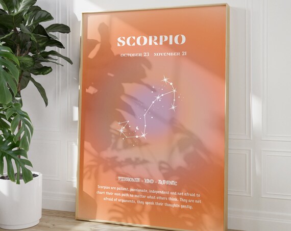 Scorpio Zodiac Poster Orange Aura With Constellation Star Sign Date Artwork