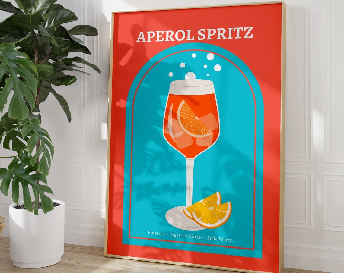 Aperol Spritz Retro Cocktail Recipe Orange Teal Bar Kitchen Wall Poster
