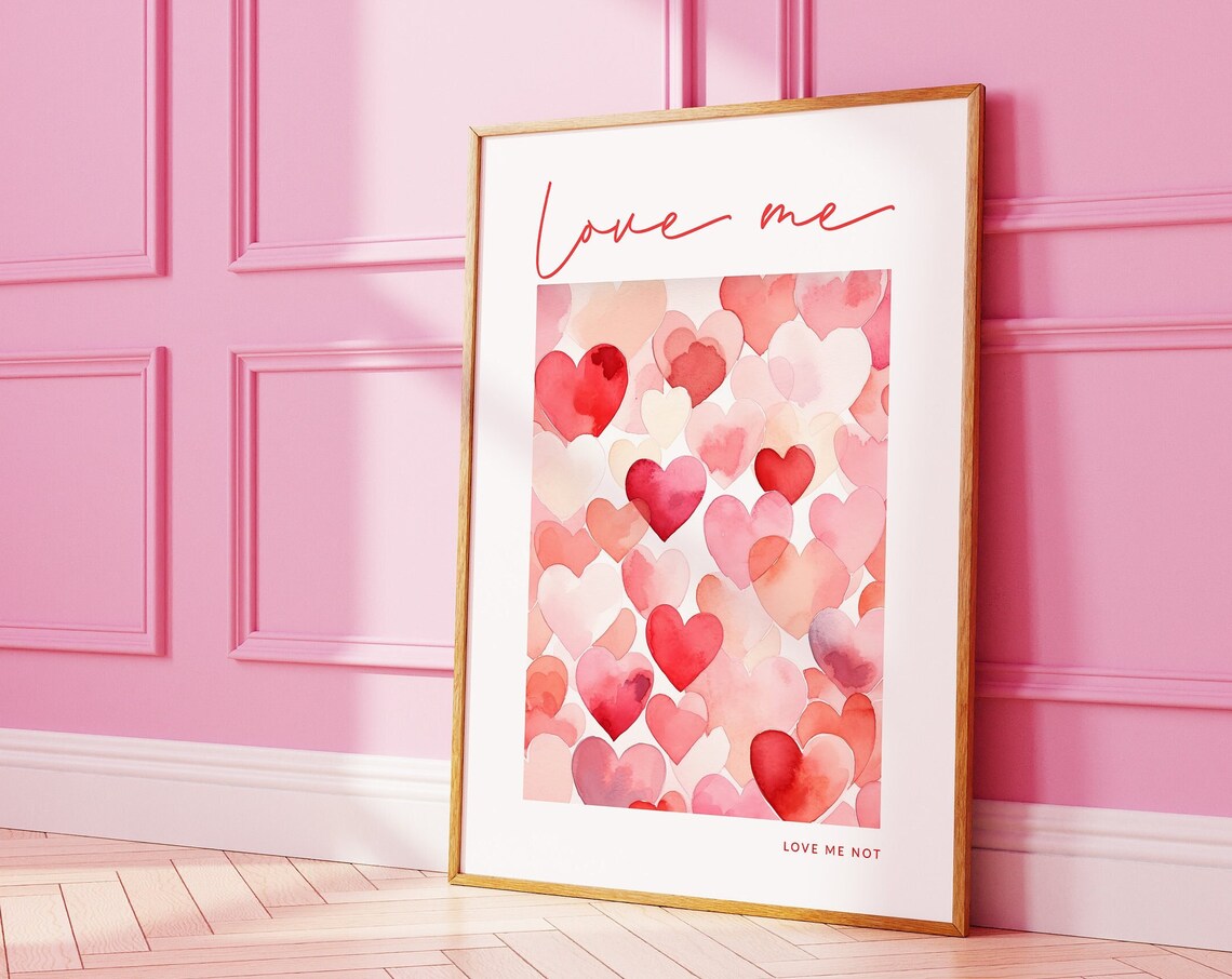 Love Me Not Script Red Pink Watercolor Hearts Romantic Quote Poster