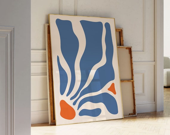 Matisse-Inspired Blue Wavy Leaves Boho Poster
