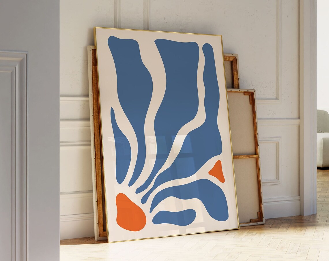 Matisse-Inspired Blue Wavy Leaves Boho Poster