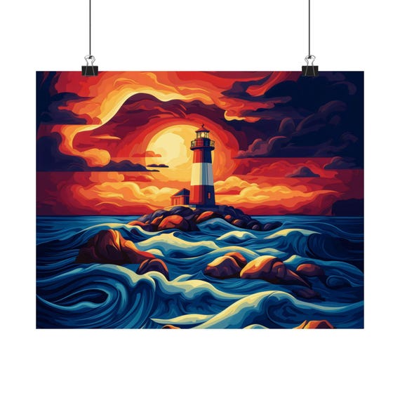 Lighthouse Ocean Waves Poster Print Geometric Landscape Modern Painting Fantasy Nature Rustic Bright Wall Print Airbnb Art Wall Decor