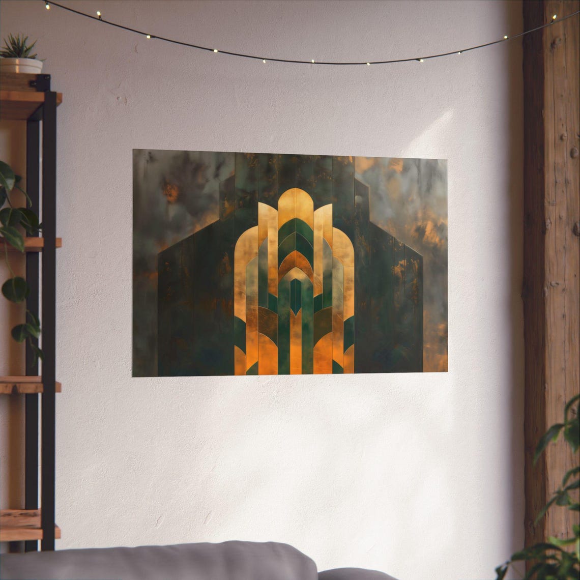 Gold Chevron Arch On Smoky Green Geometric Art Deco Square Poster - Image 2