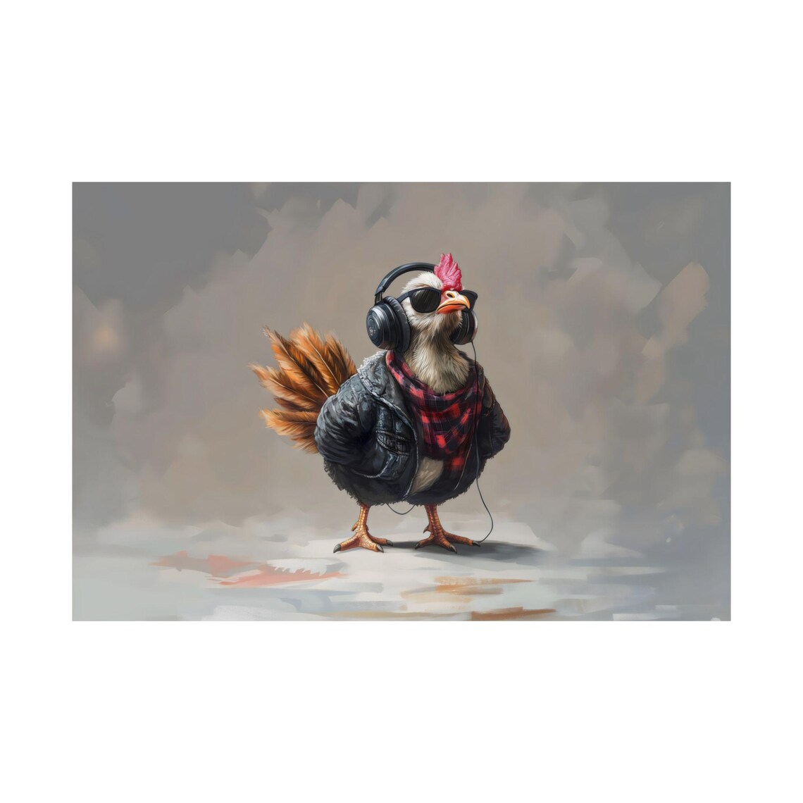 Funky Chicken in Headphones Shades Leather Jacket Music Poster - Image 2
