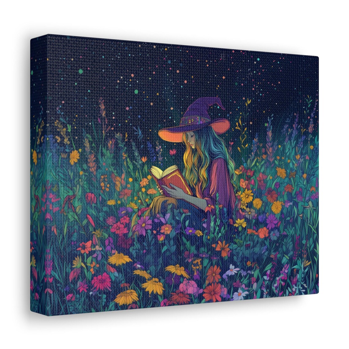 Magical Night Witch Reading a Glowing Book in Starlit Wildflowers Poster - Image 3