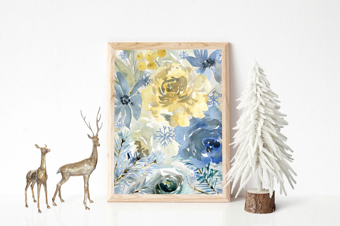 Frosty Blue Gold Winter Floral Collage Watercolor Snowflake Poster - Image 8