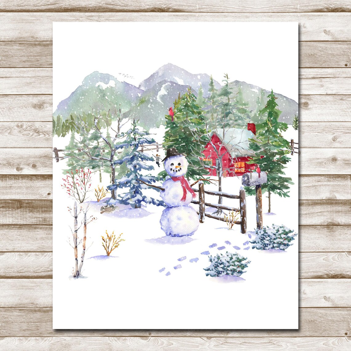 Winter Woodland Snowman Mountain Cabin Cardinal Watercolor Poster - Image 10