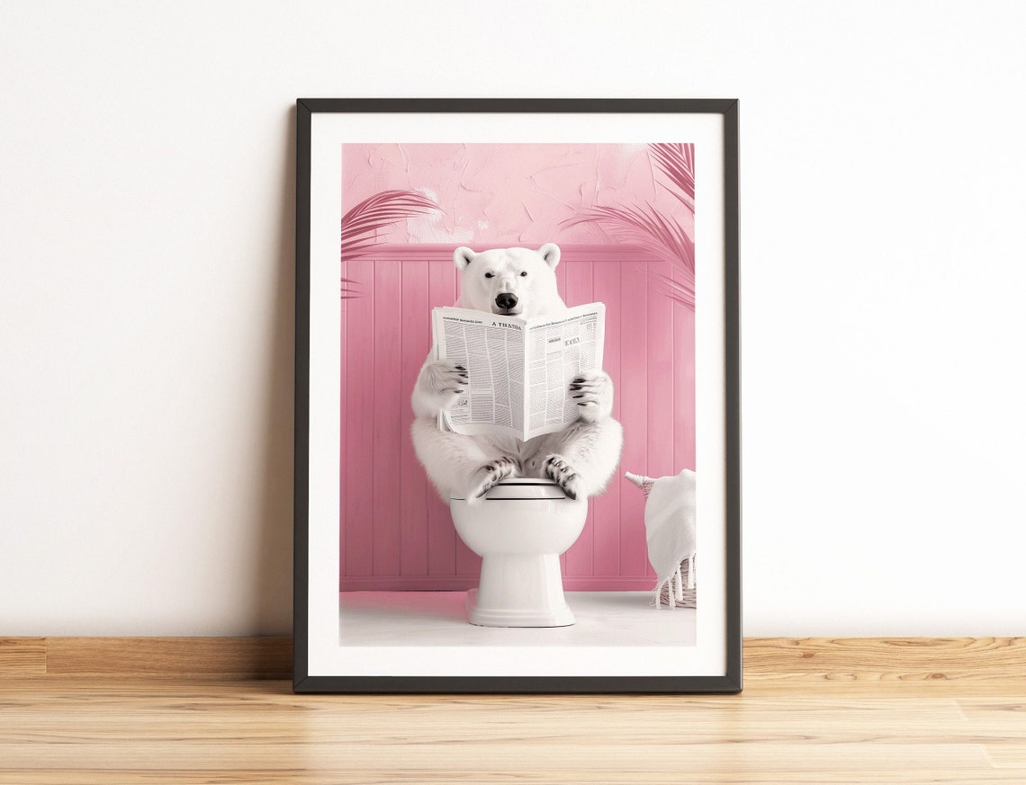 Fluffy Polar Bear Reading Newspaper Pink Bathroom Toilet Wall Art - Image 5