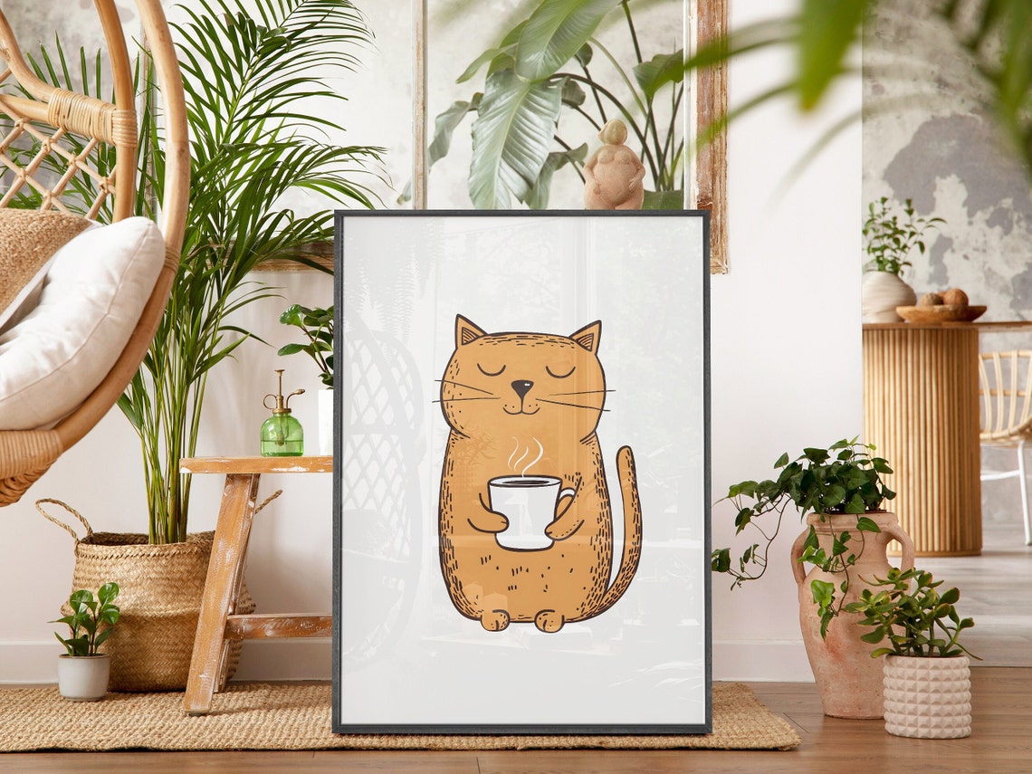 Sleepy Orange Cat Holding Steaming Coffee Cute Doodle Poster - Image 5