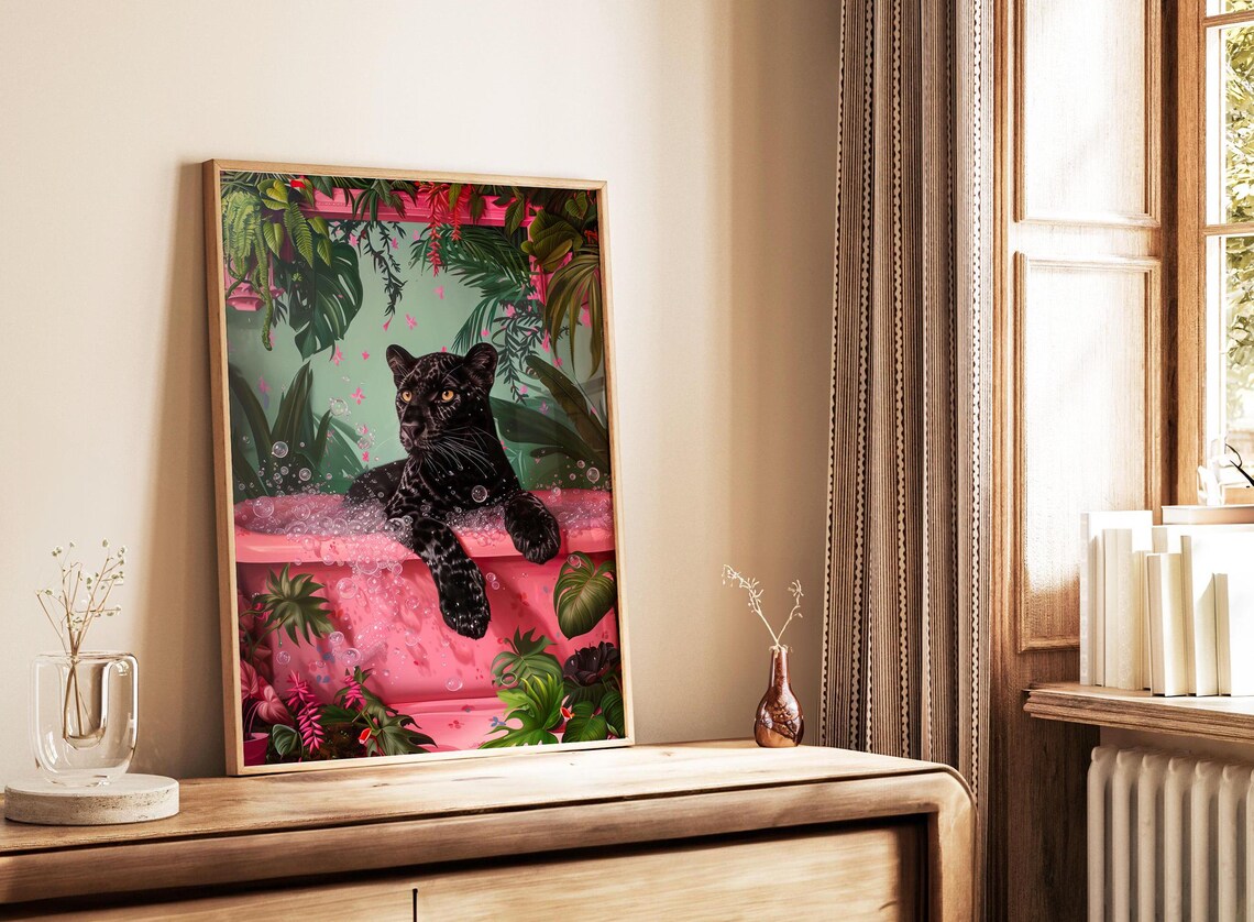 Black Leopard In Bathtub Art Print, Maximalist Decor - Image 2