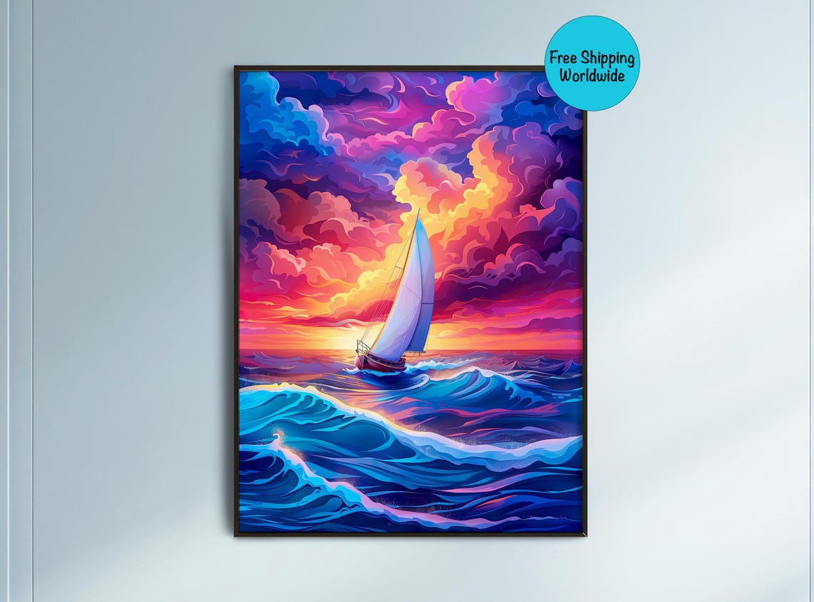 Sailboat Gliding Through Waves Beneath A Vivid Magenta Sunset Poster - Image 5