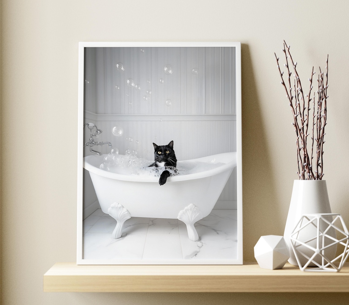 Black Cat In Bathtub Bathroom Humor Art Print