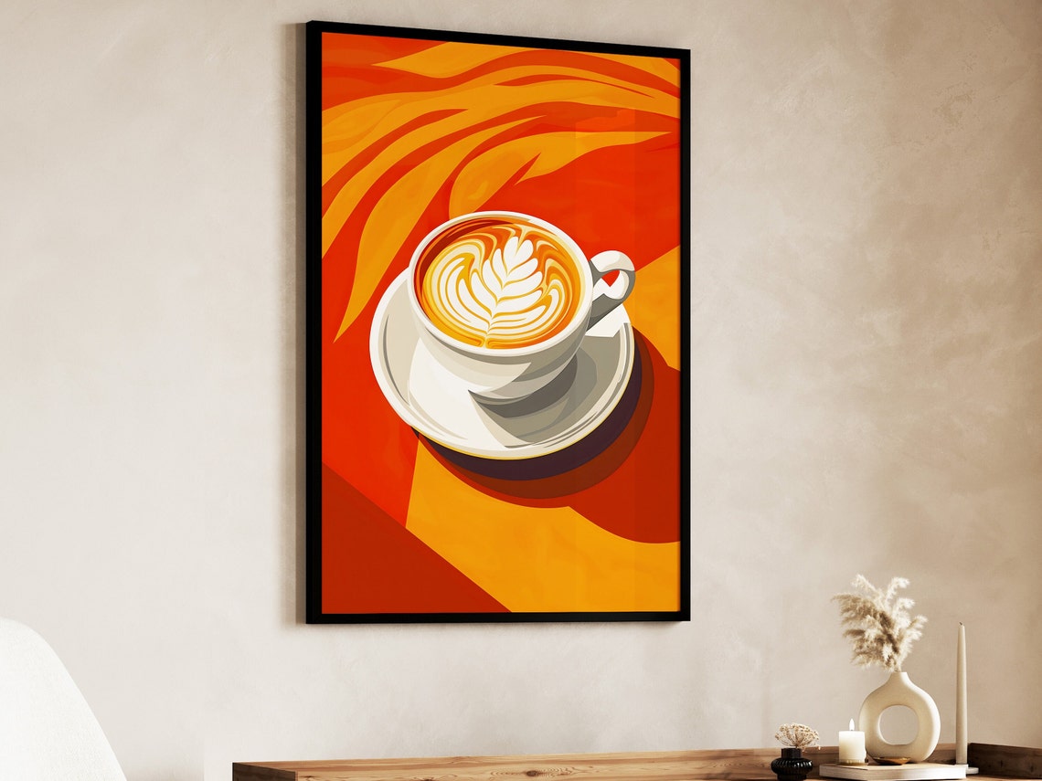 Latte Art Coffee Cup Bold Orange Red Pop Art Kitchen Decor Poster - Image 2