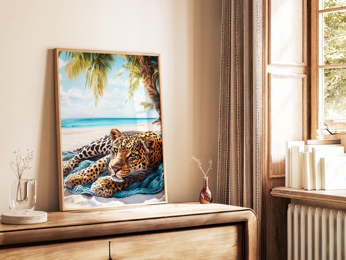 Leopard Lounging On A Sunny Tropical Beach With Palms Poster - Image 5