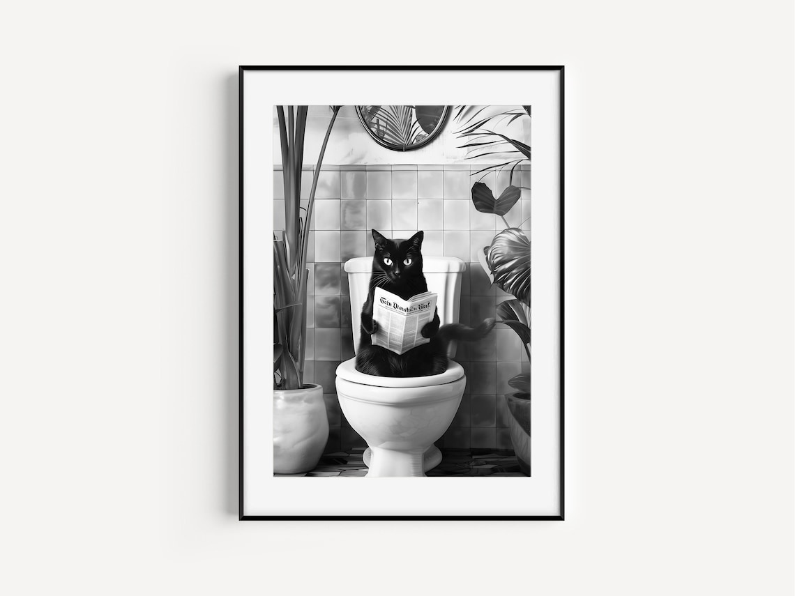 Black And White Bathroom Cat Print, Funny Bathroom Decor - Image 3