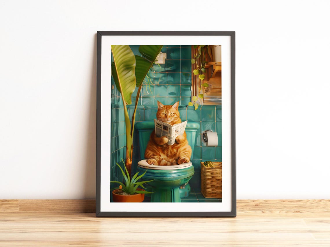 Orange Tabby Cat Reading Newspaper On A Teal Toilet Funny Poster - Image 3