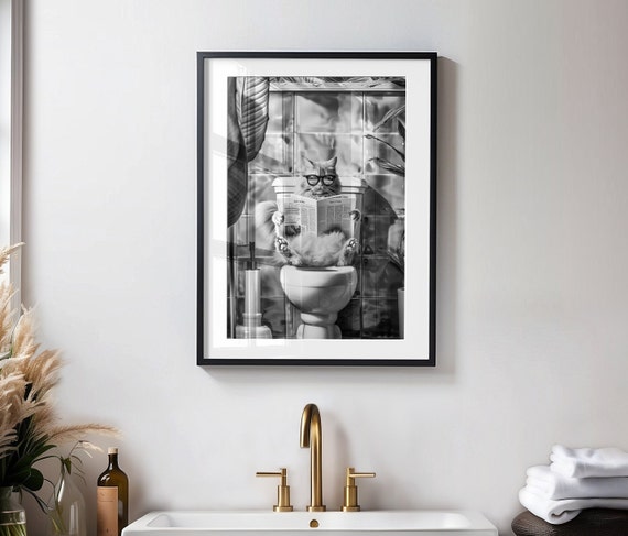 Bathroom Cat Print Reading On Toilet Bathroom Wall Art Funny Posters Funny Cat Poster Toilet Poster Toilet Wall Art Bathroom Wall Decor