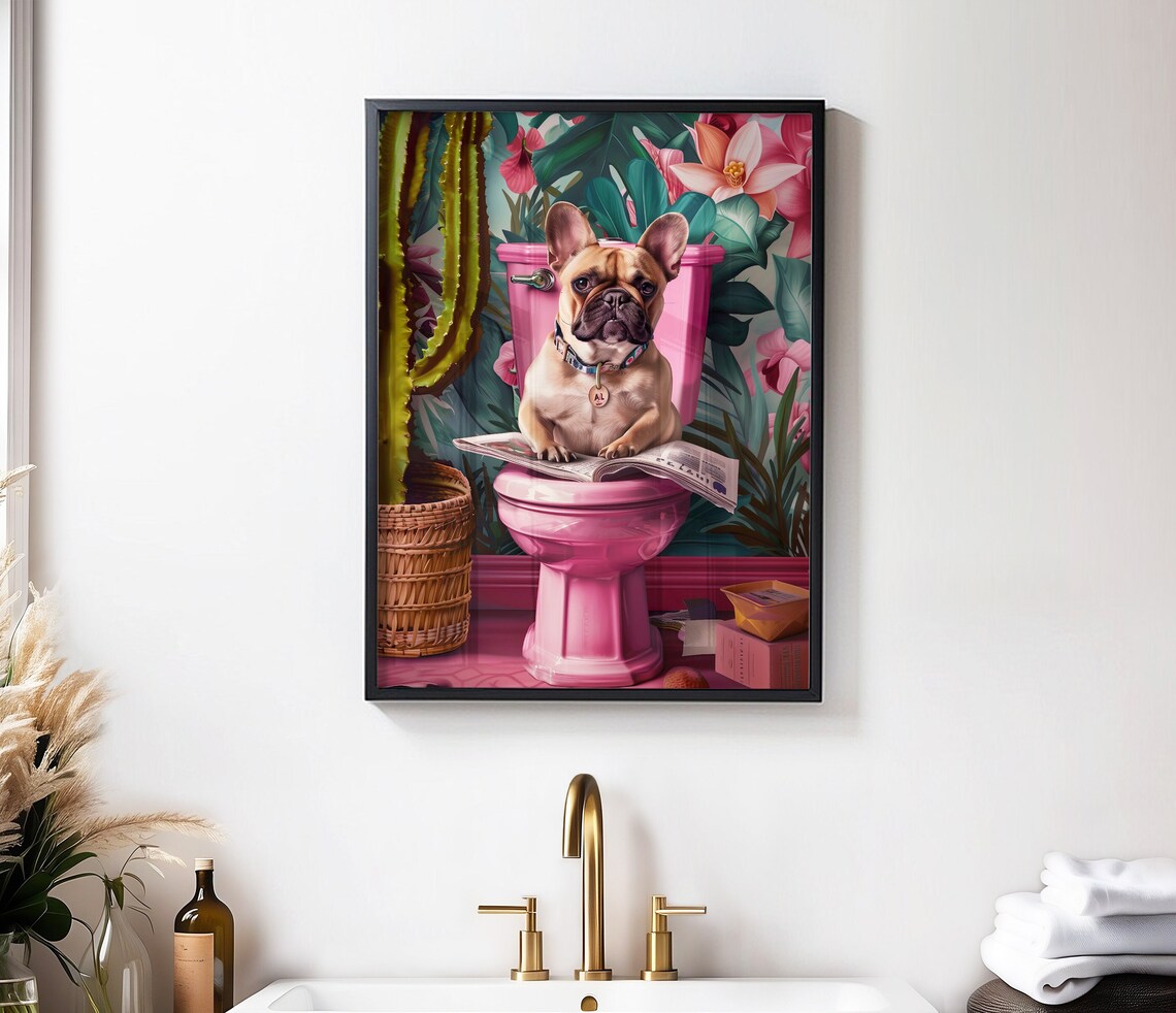 French Bulldog Puppy On Pink Toilet With Tropical Leaves Poster - Image 4