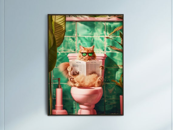 Funny Bathroom Cat Print Reading On Toilet Toilet Poster Bathroom Wall Art Toilet Wall Art Funny Cat Poster Bathroom Prints Bathroom Decor
