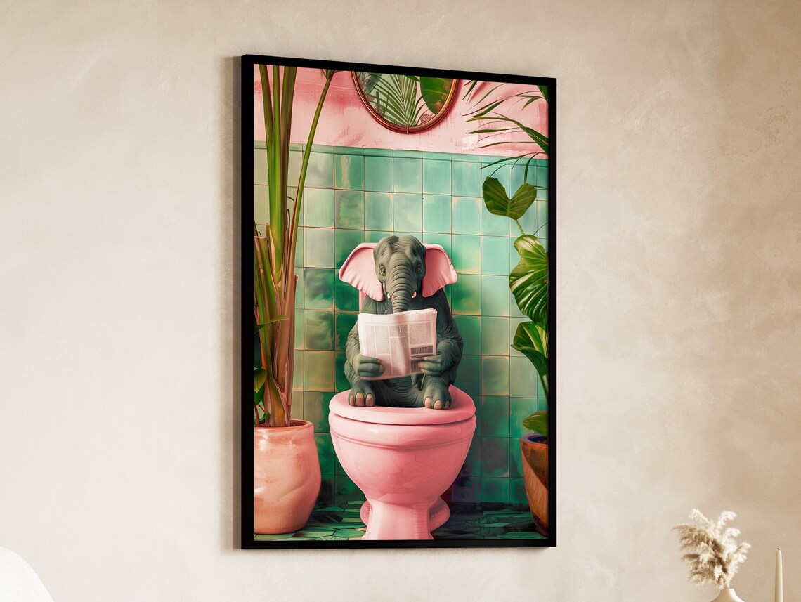 Baby Elephant Reading Newspaper Pink Toilet Funny Art Poster - Image 4