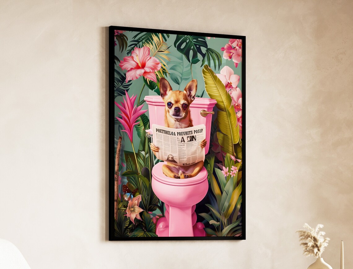 Golden Chihuahua Reading on Toilet Funny Dog Art Print