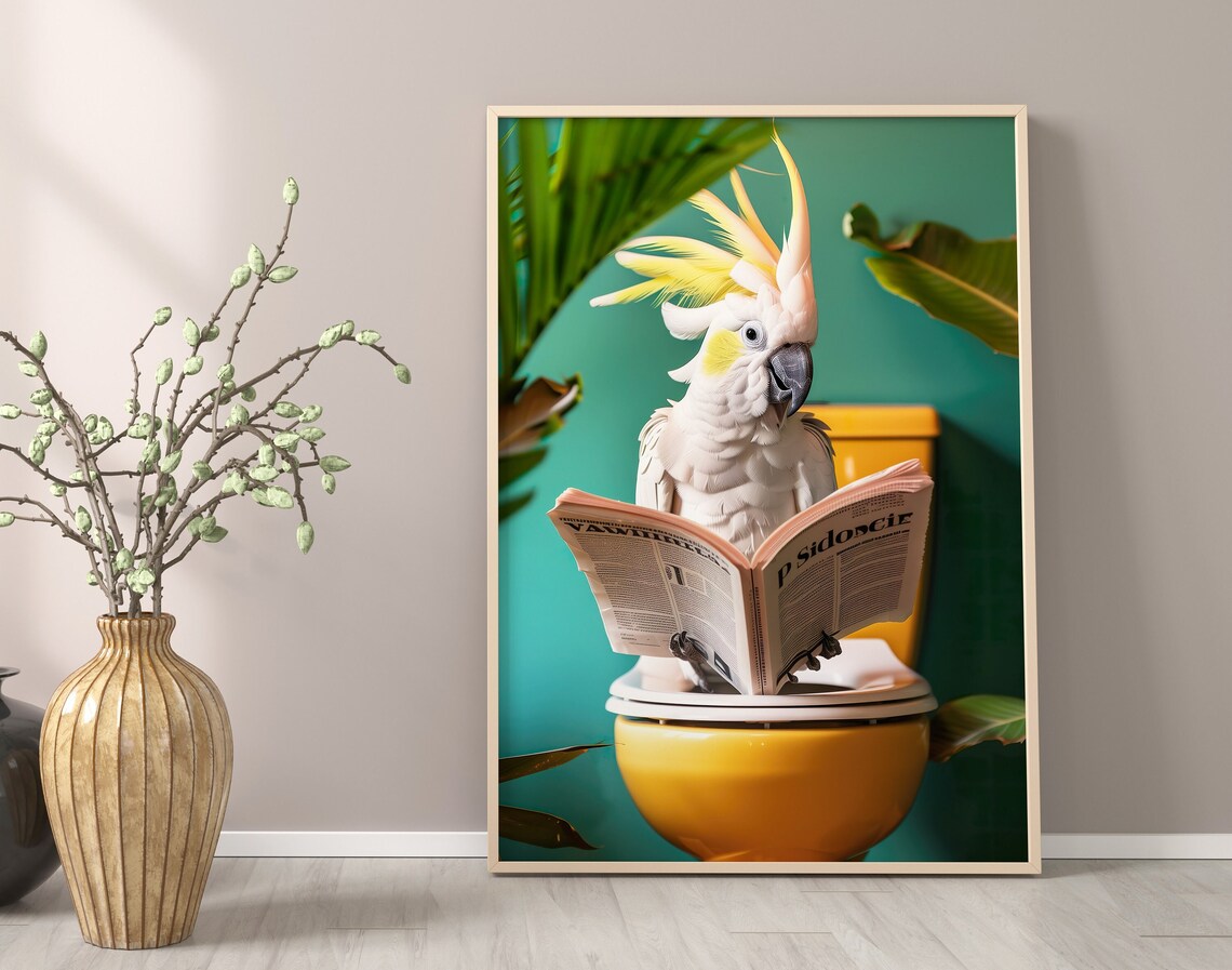 Cockatoo Reading On Toilet Funny Bathroom Art Print - Image 3