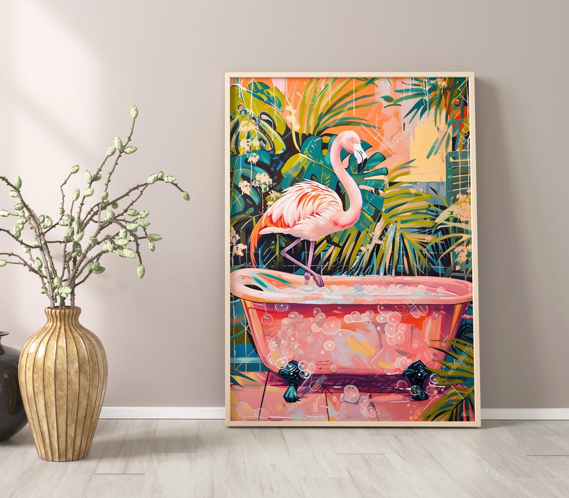 Pink Flamingo Standing In A Bubble Bath With Tropical Foliage Poster - Image 2