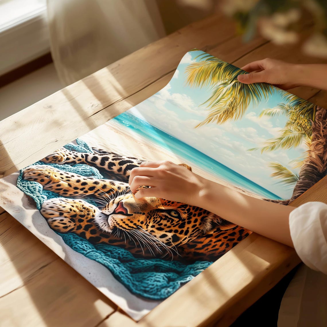 Leopard Lounging On A Sunny Tropical Beach With Palms Poster - Image 2