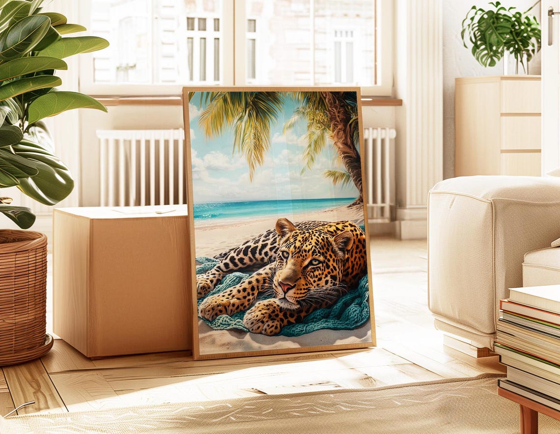 Leopard Lounging On A Sunny Tropical Beach With Palms Poster - Image 4