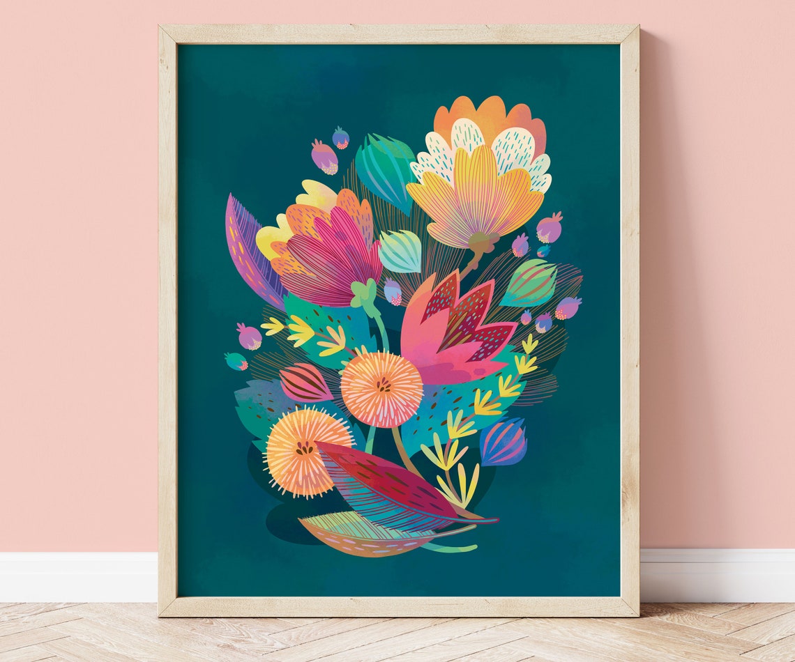 Big Dark Teal Coral Flower Bouquet Modern Botanical Art Poster