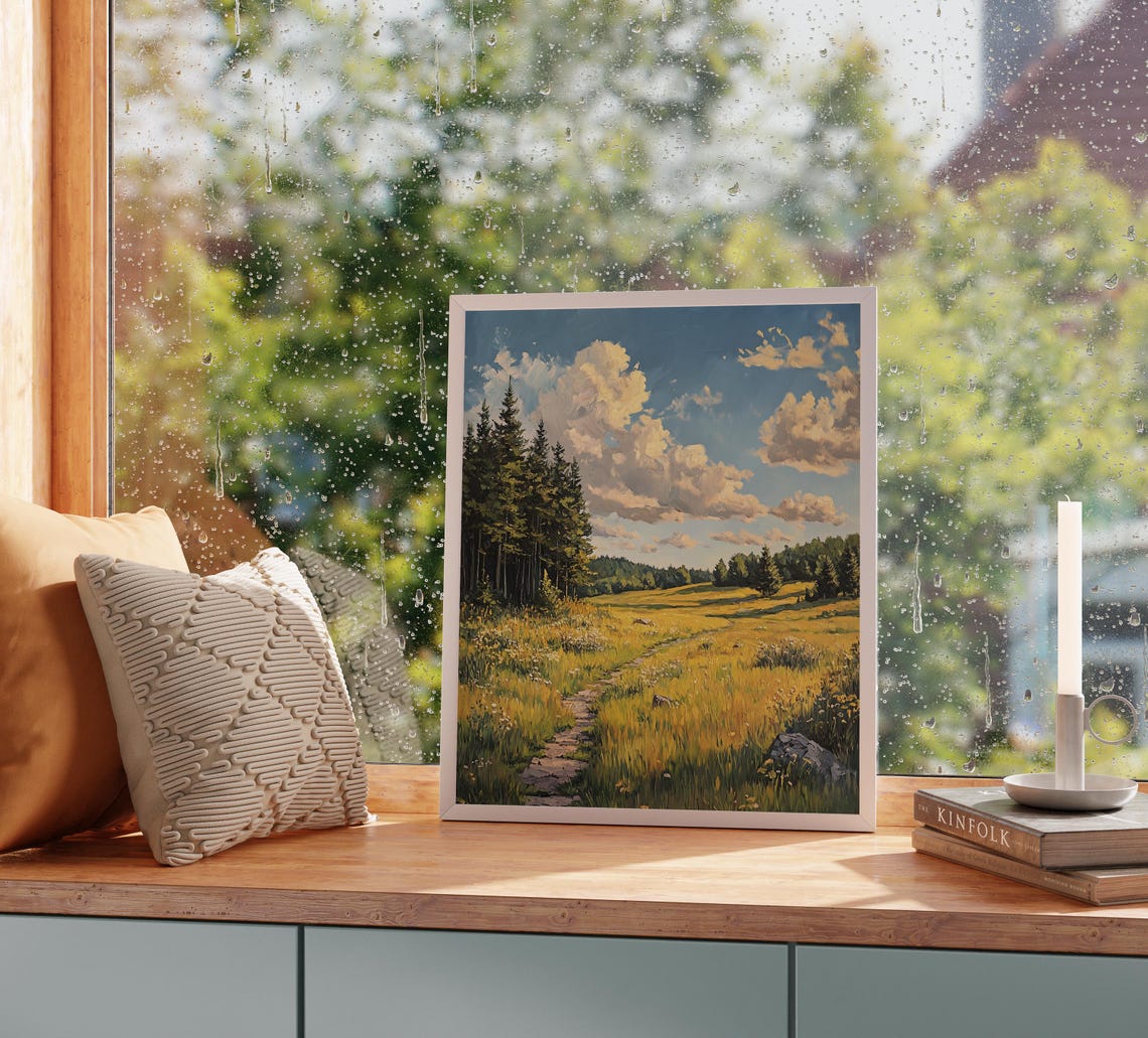 Golden Meadow Pine Forest Path Under Summer Sky Landscape Poster - Image 5