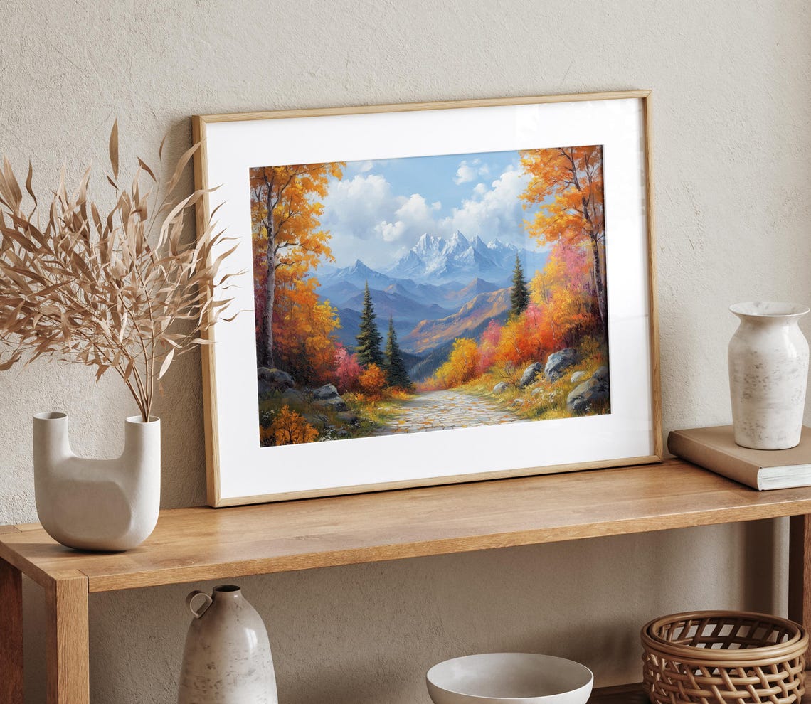 Stone Pathway Through Autumn Forest Toward Snowy Mountains Poster - Image 4