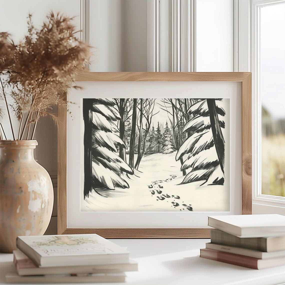 Snowy Path Through Winter Wood With Footprints Sketch Poster - Image 2