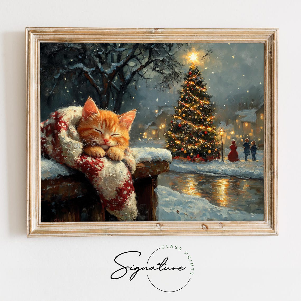 Sleeping Ginger Kitten on Knit Blanket Overlooking Snowy Pond Poster