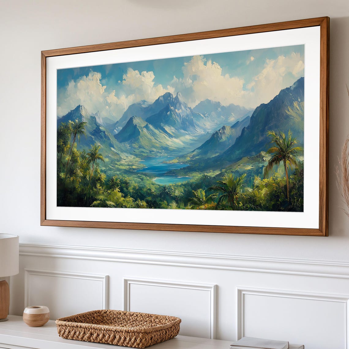 Tropical Palm Valley With Blue Mountain Lake Lush Frame TV Wall Art - Image 2
